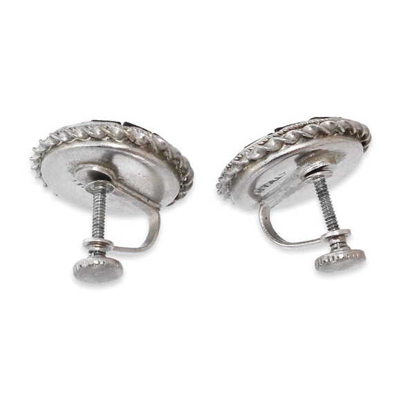 Vintage Italian Micro Mosaic Floral Screw Back Earrings Black Yellow Red Flower - Picture 3 of 4